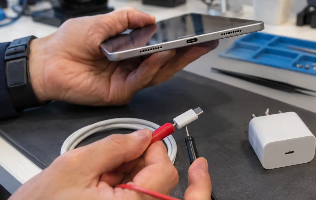 Майстер перевіряє роз’єм USB-C, кабель і адаптер живлення планшета
