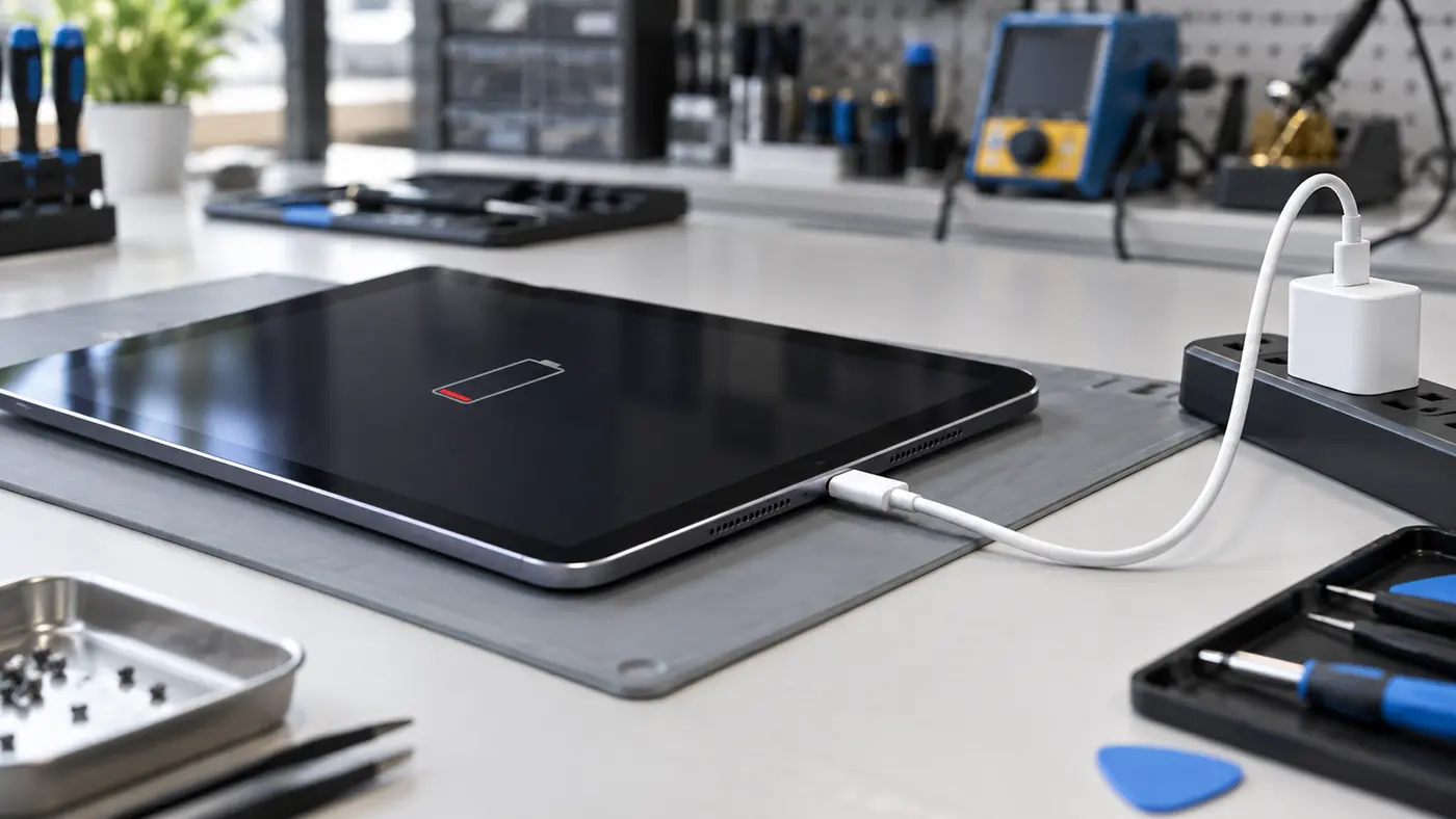 Планшет повільно заряджається через USB-C на робочому столі сервісного центру